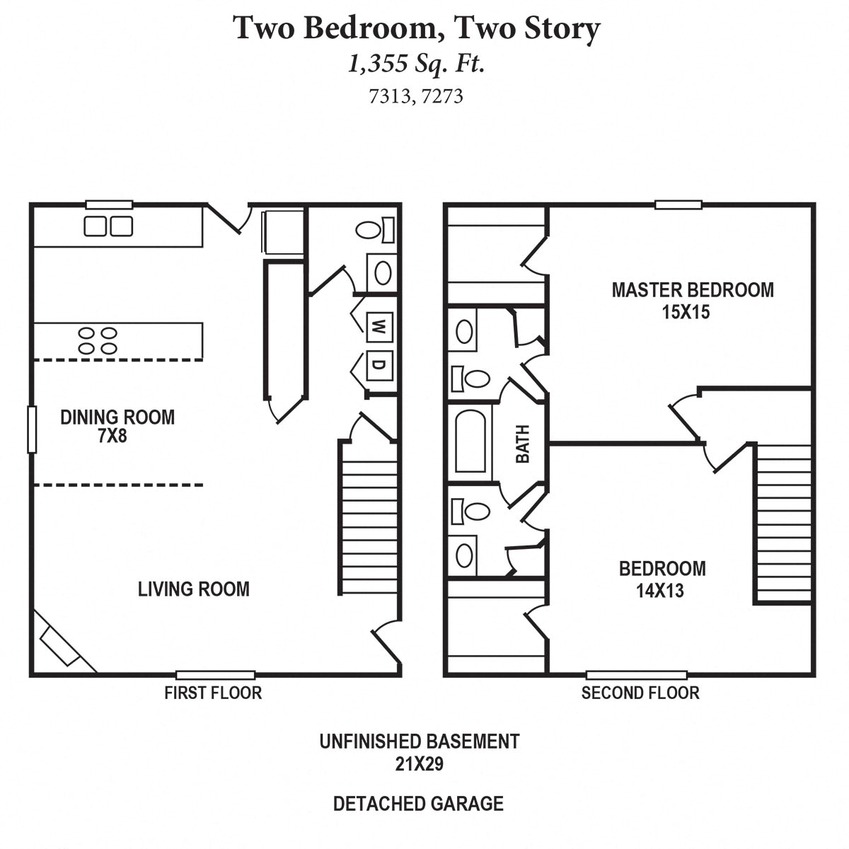 Floor plan for 2 beds, 1.5 baths, 1355 sqft